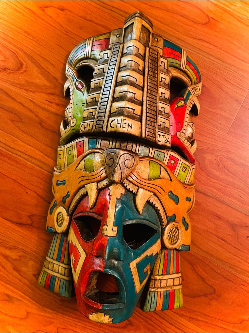 Hand Carved Mayan Painted Wood Mask Aztec Wall Hanging 16” Jaguar Temple Priest